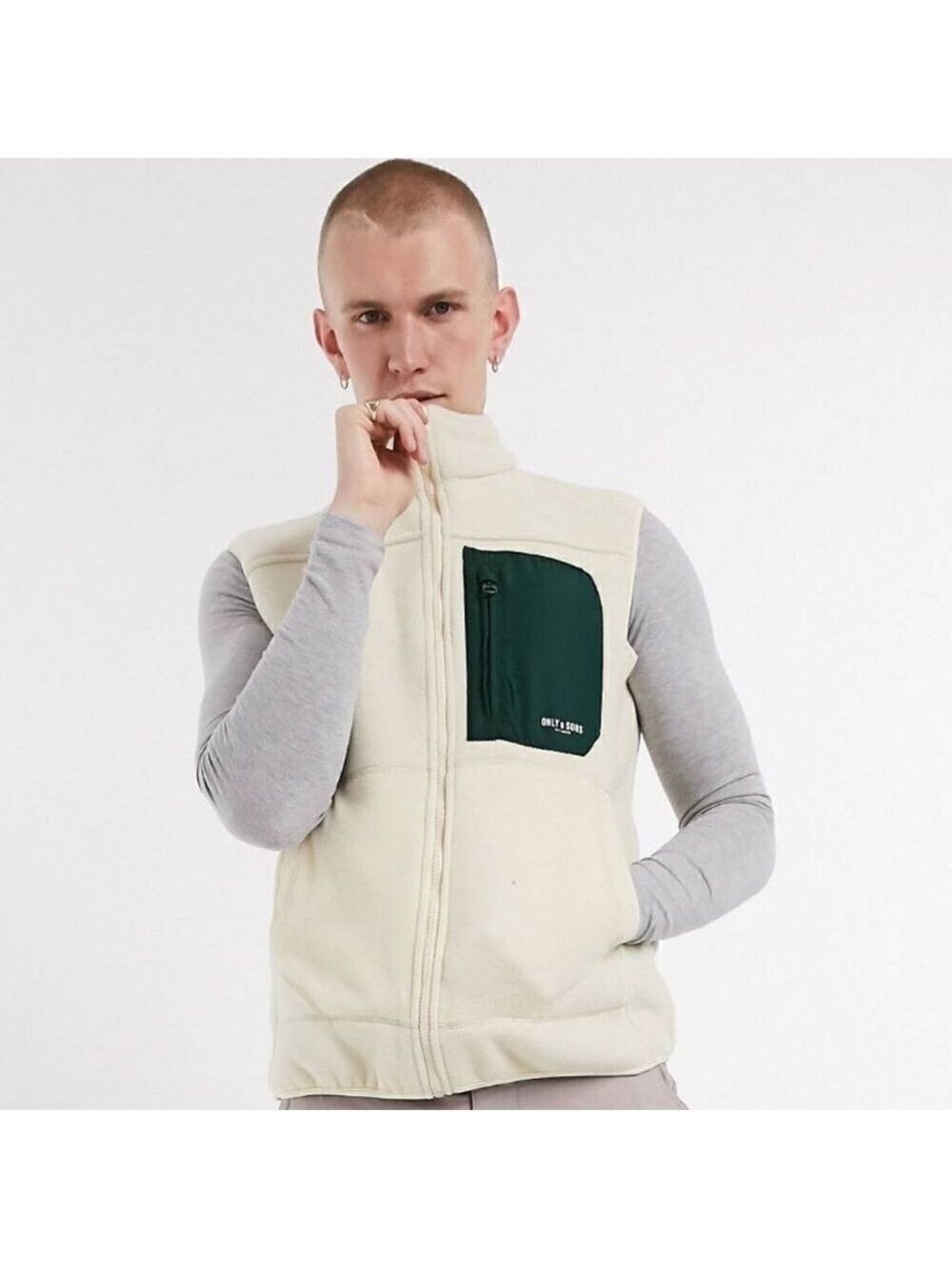 ONLY & SONS Cream And Green Fleece Zip Up Jacket Vest Size Medium NWT